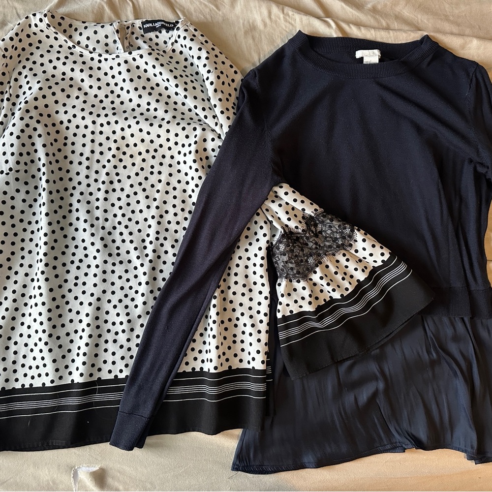 Black Polka Dot and Solid Navy Women's Tops